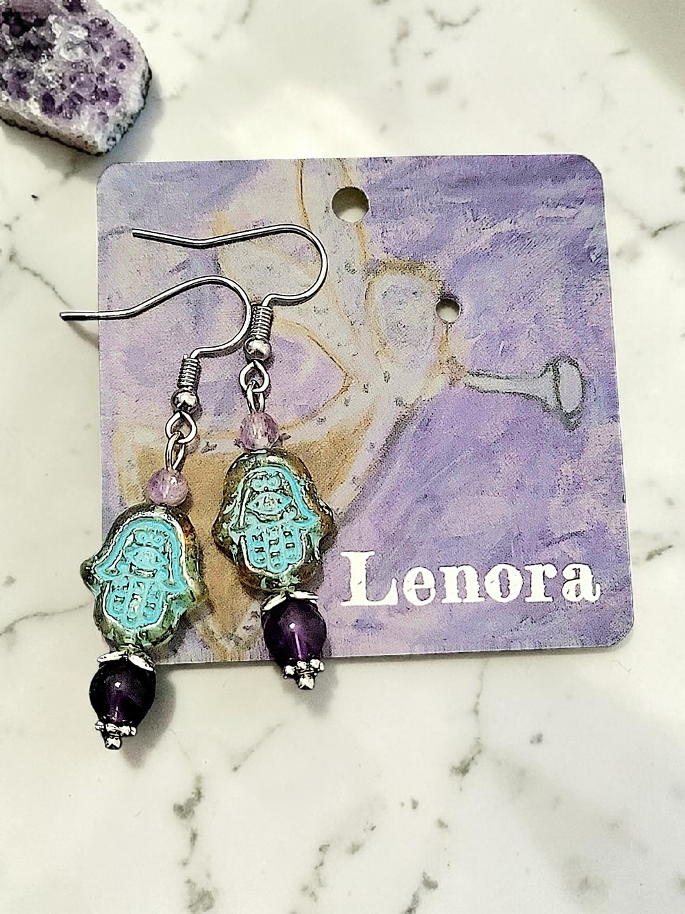 Hand Crafted Turquoise and Purple Czech Glass Hamsa Dangle Amethyst Earrings - Picture 11 of 11